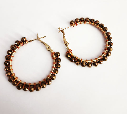 Copper brown Hematite gemstone gold hoop earrings