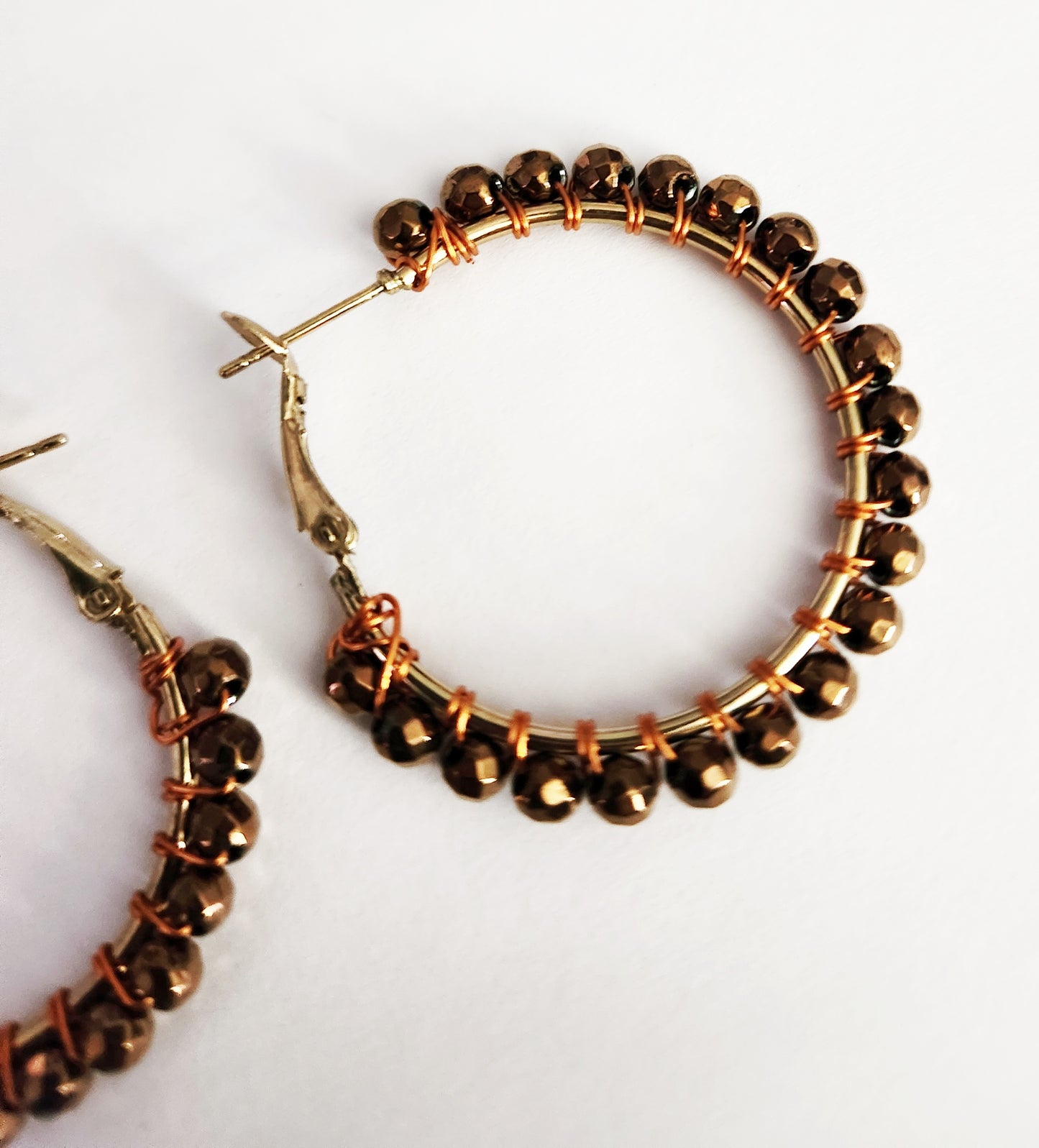 Copper brown Hematite gemstone gold hoop earrings