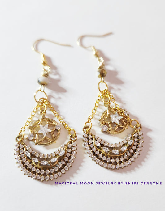 Crystal bling moon and star dangle earrings