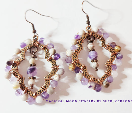 Flower Agate copper teardrop dangle earrings