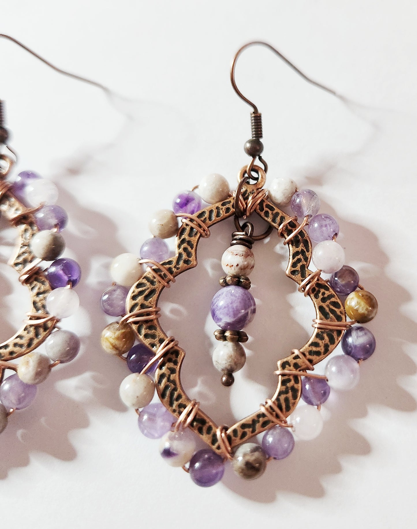 Flower Agate copper teardrop dangle earrings
