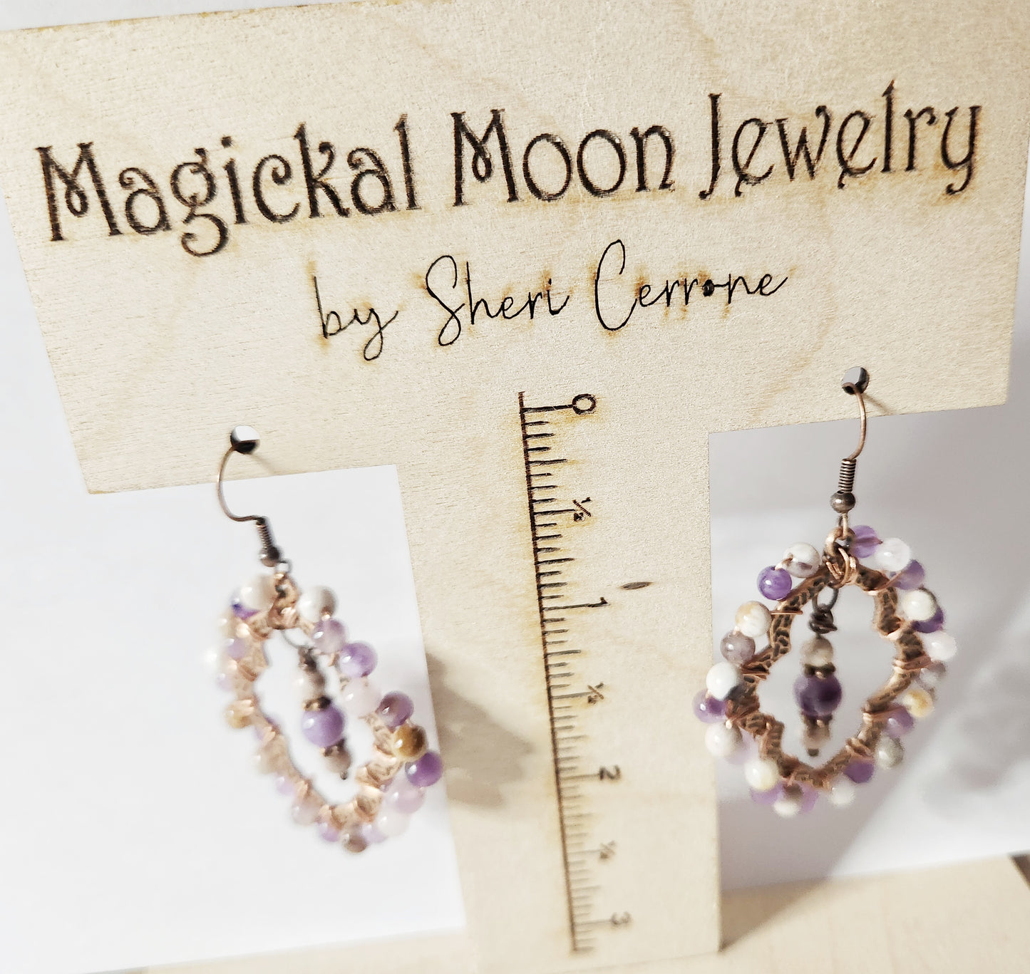 Flower Agate copper teardrop dangle earrings