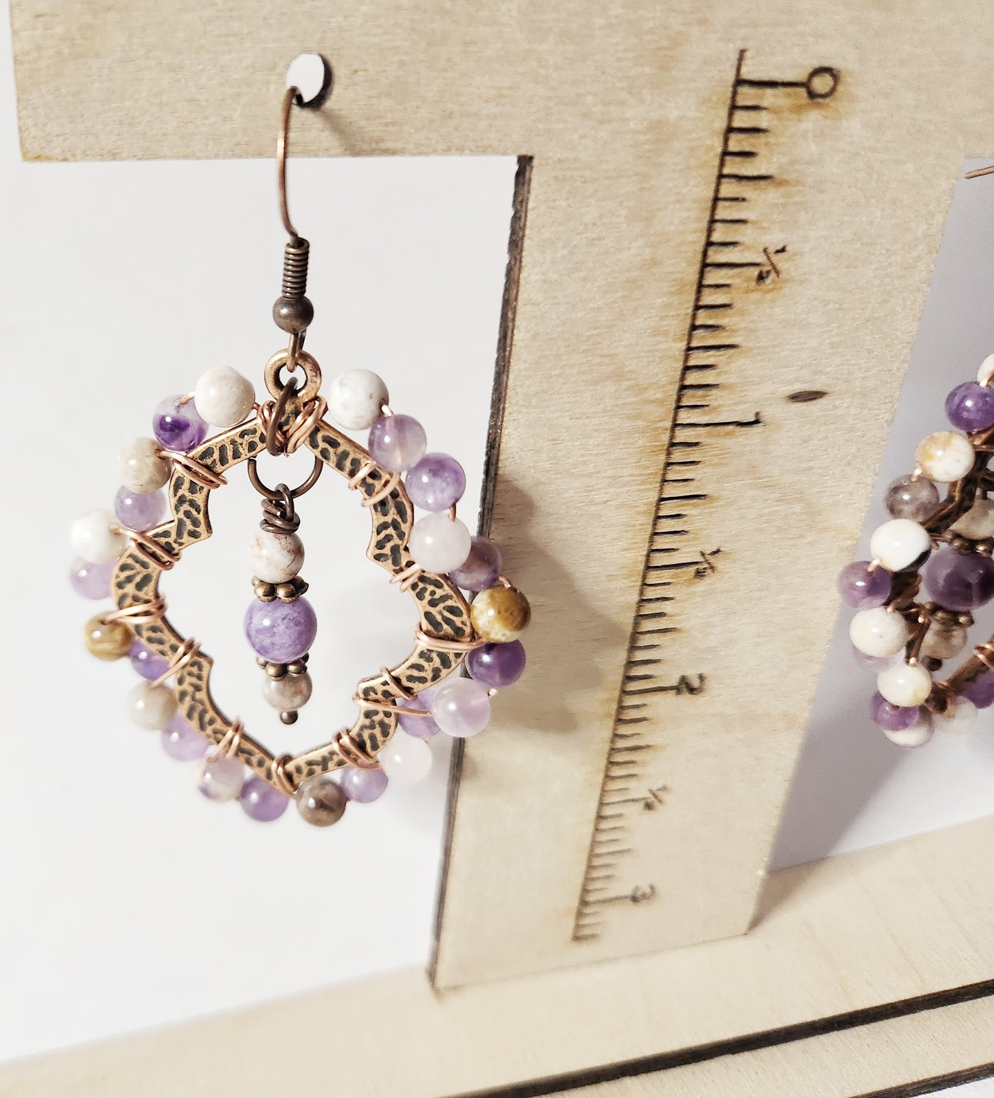 Flower Agate copper teardrop dangle earrings