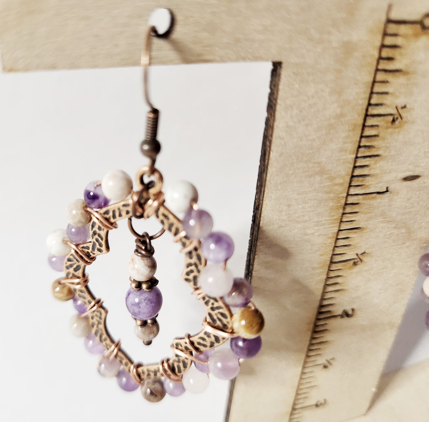 Flower Agate copper teardrop dangle earrings