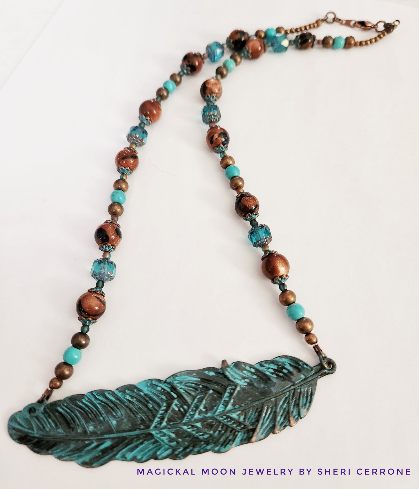 Copper patina leaf gemstone necklace