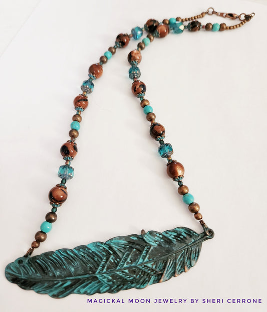 Copper patina leaf gemstone necklace