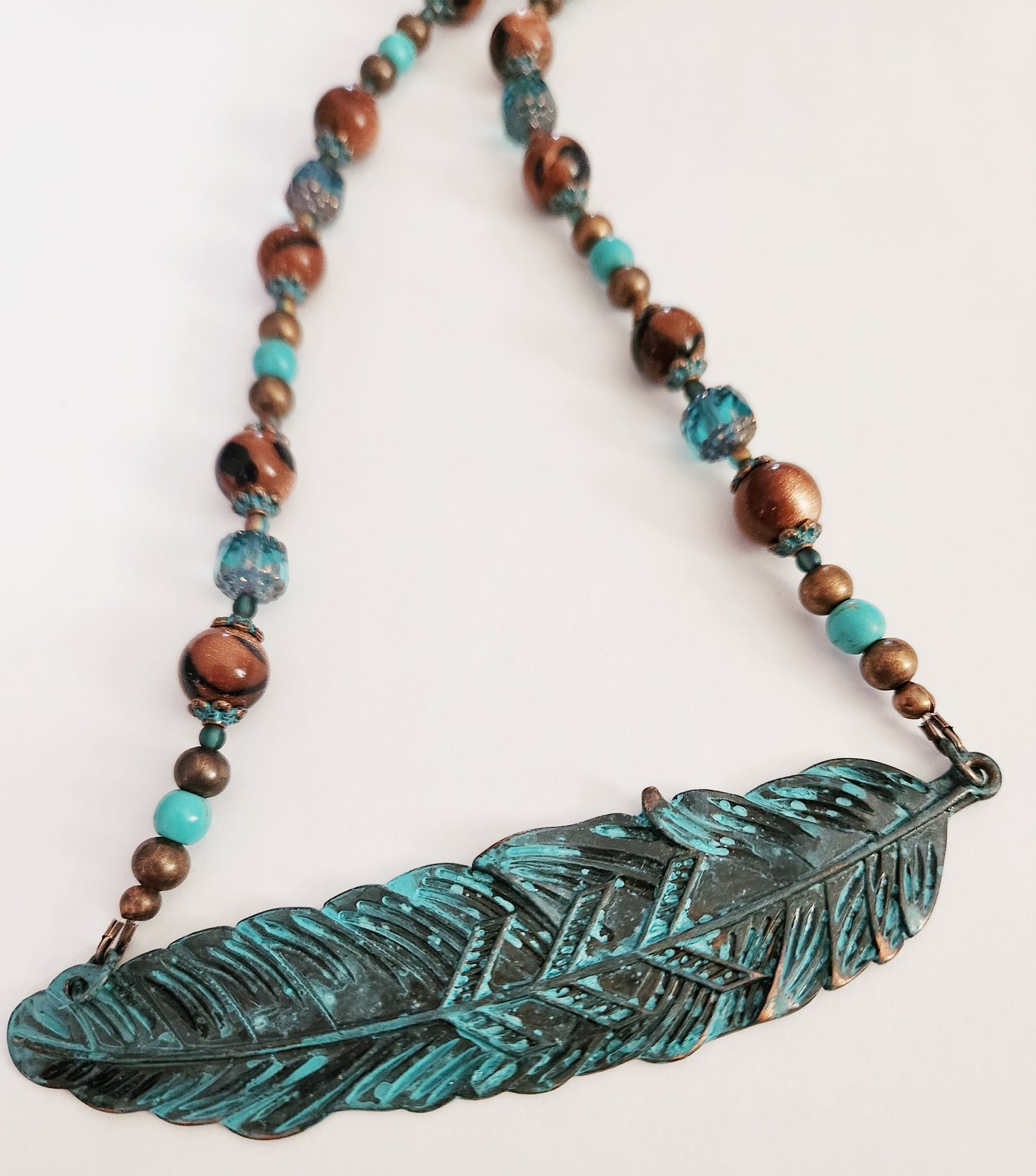 Copper patina leaf gemstone necklace