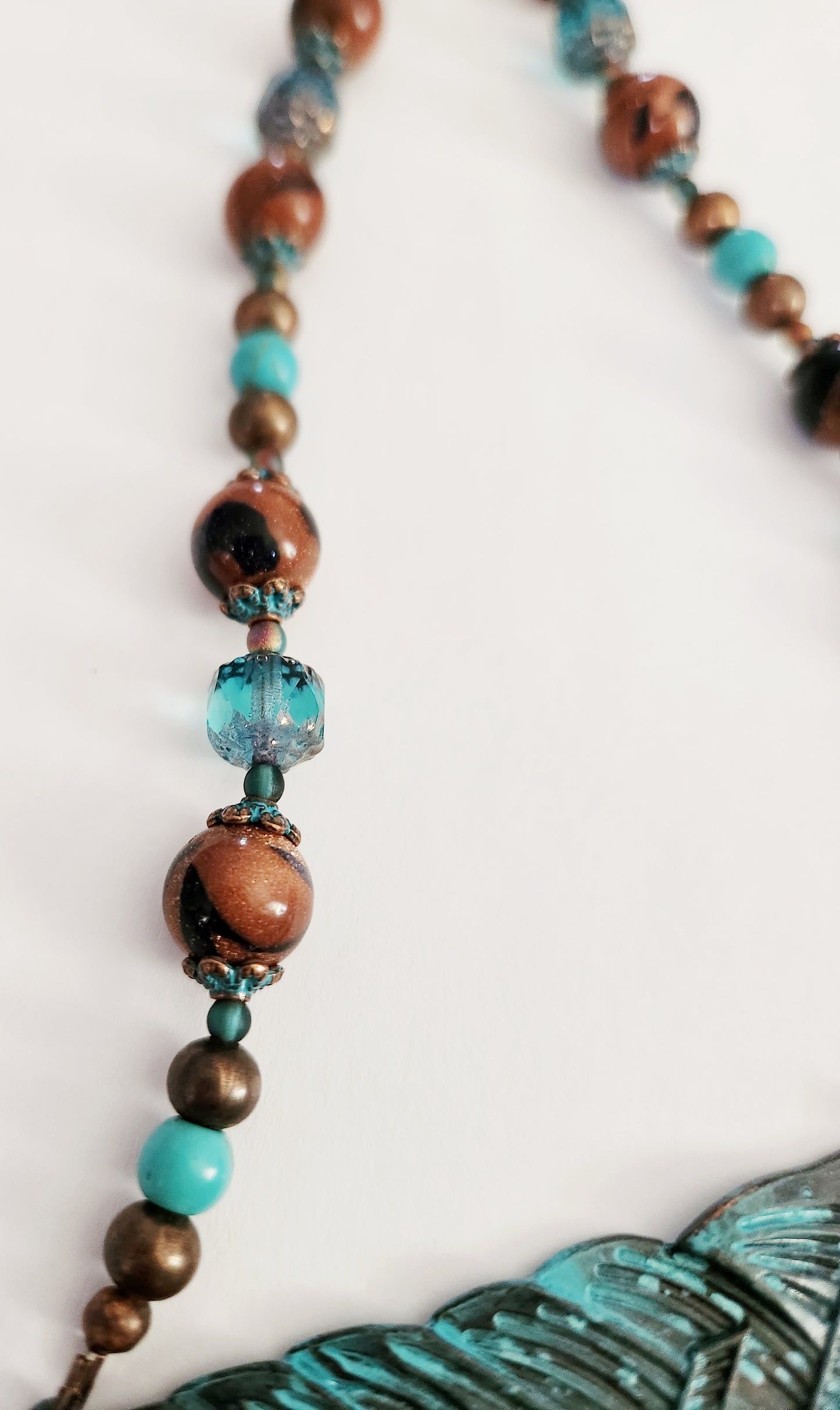 Copper patina leaf gemstone necklace
