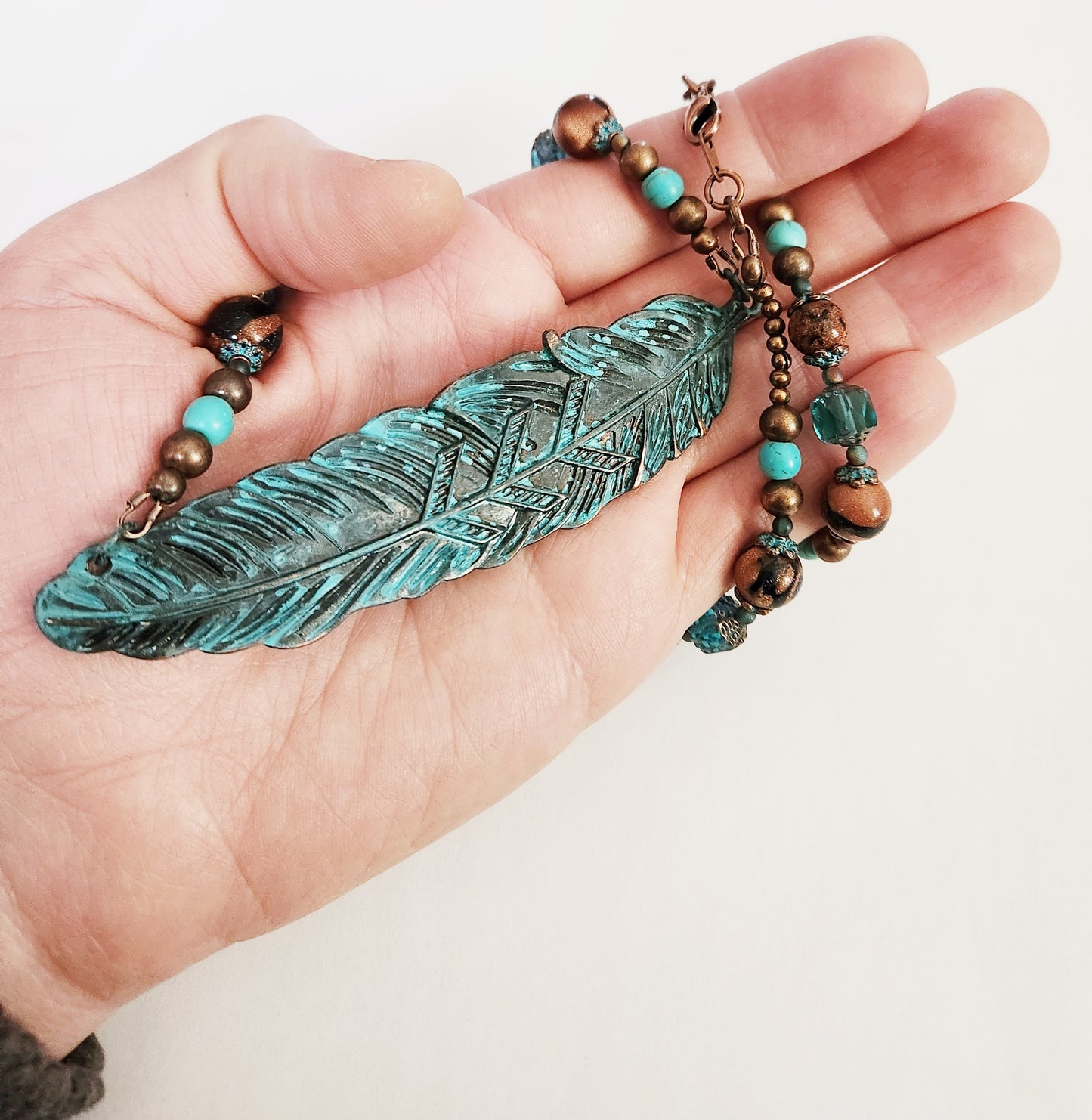 Copper patina leaf gemstone necklace