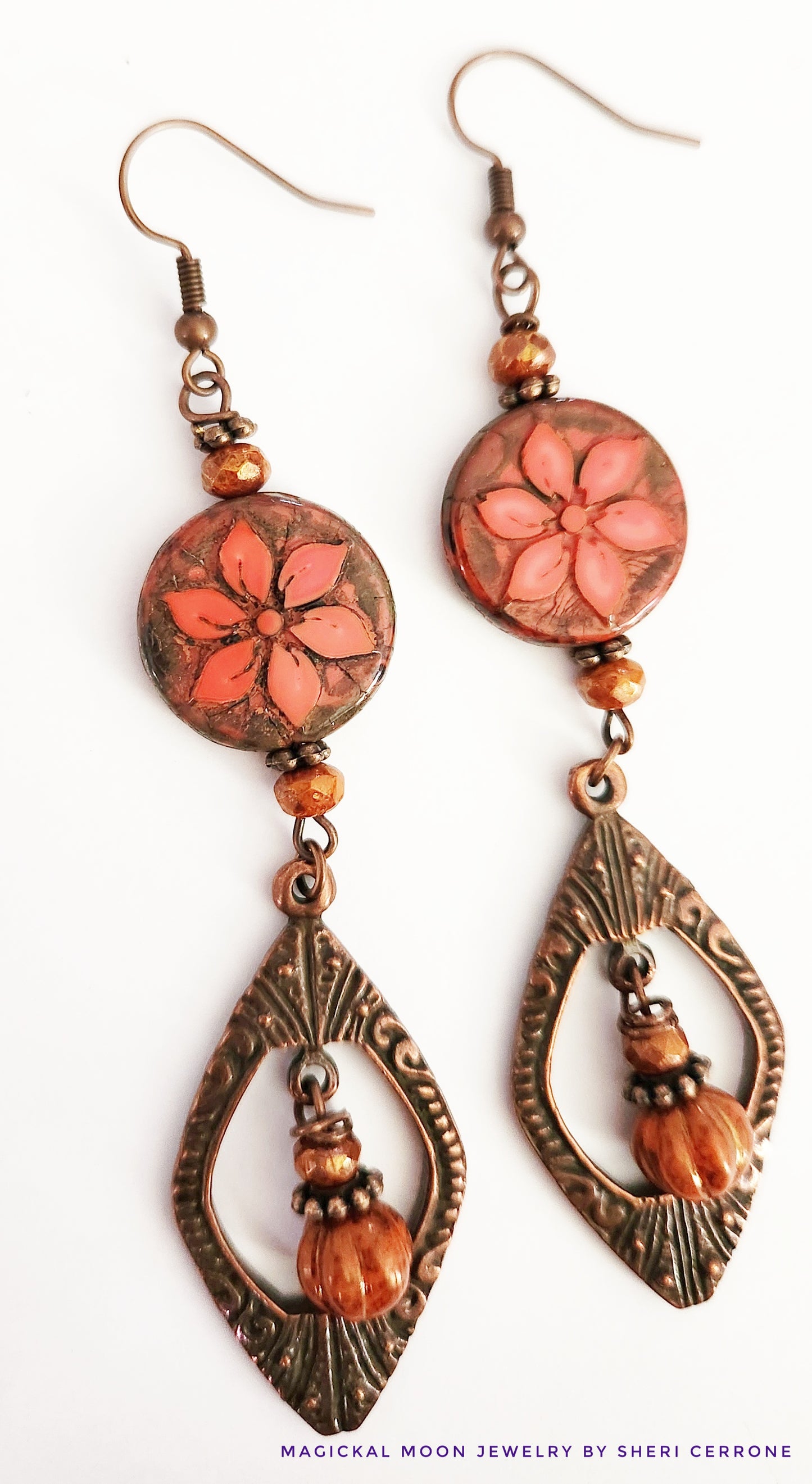 Copper ornate beaded dangle statement earrings