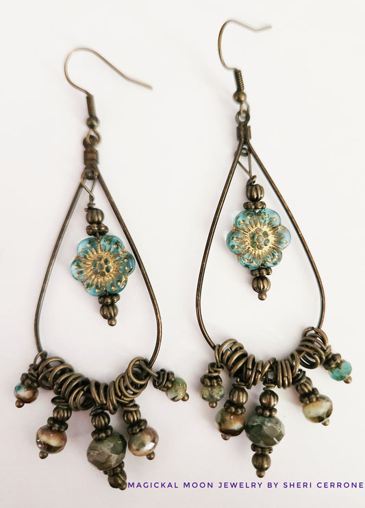 Brushed gold beaded charm dangle statement earrings