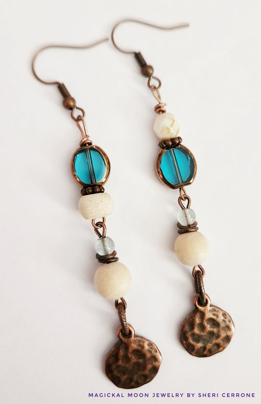 Hammered disc copper dangle earrings