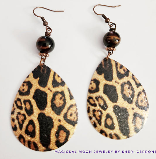 Leopard print dangle statement earrings