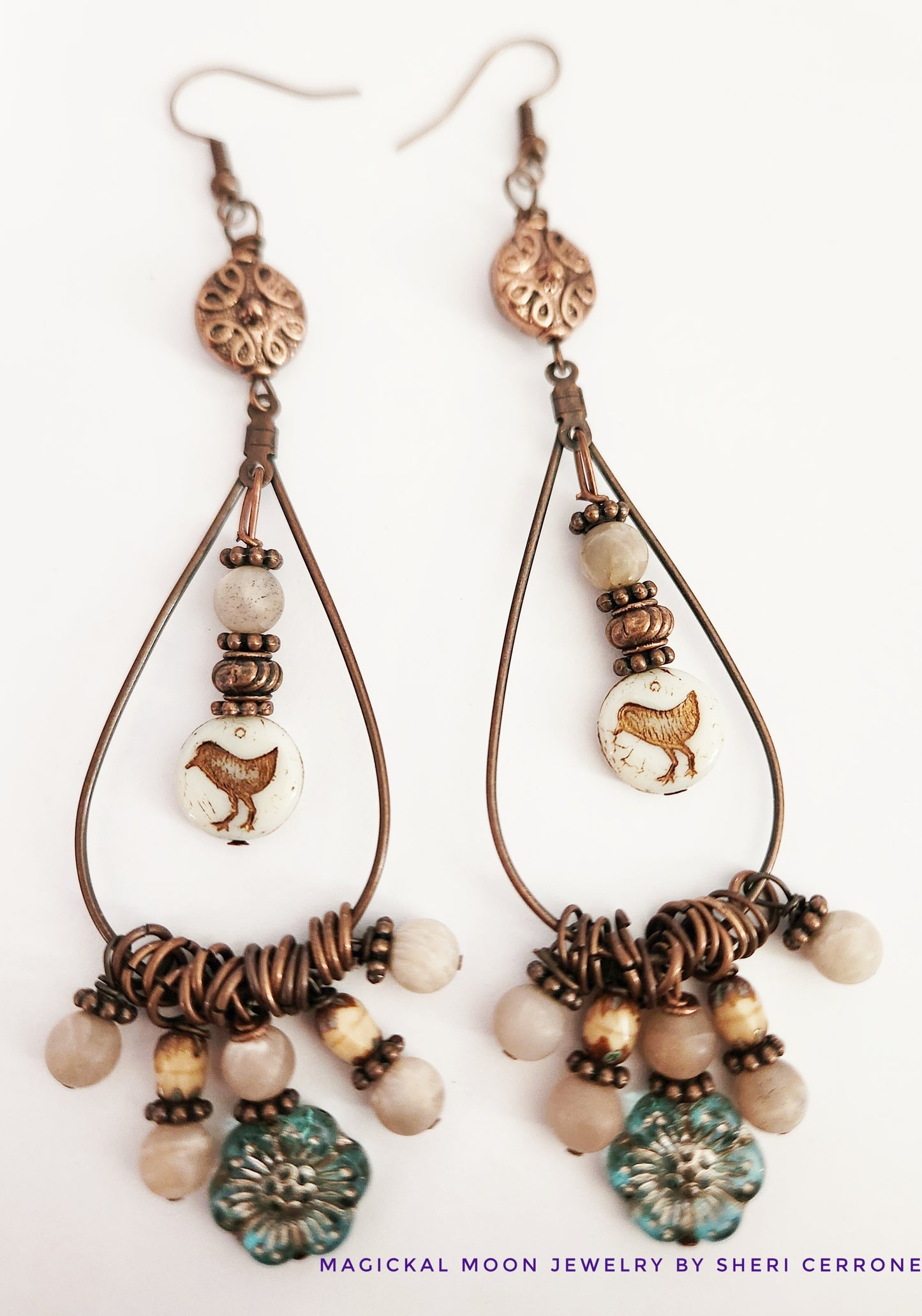 Copper beaded charm dangle statement earrings