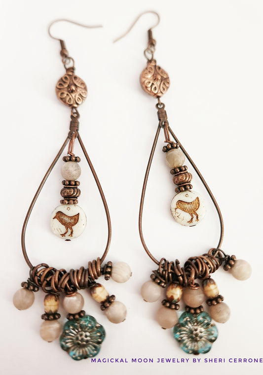 Copper beaded charm dangle statement earrings