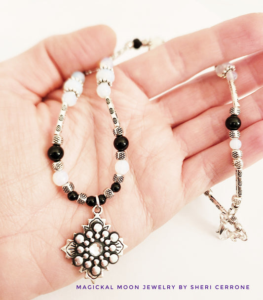 Opalite and Onyx gemstone silver necklace