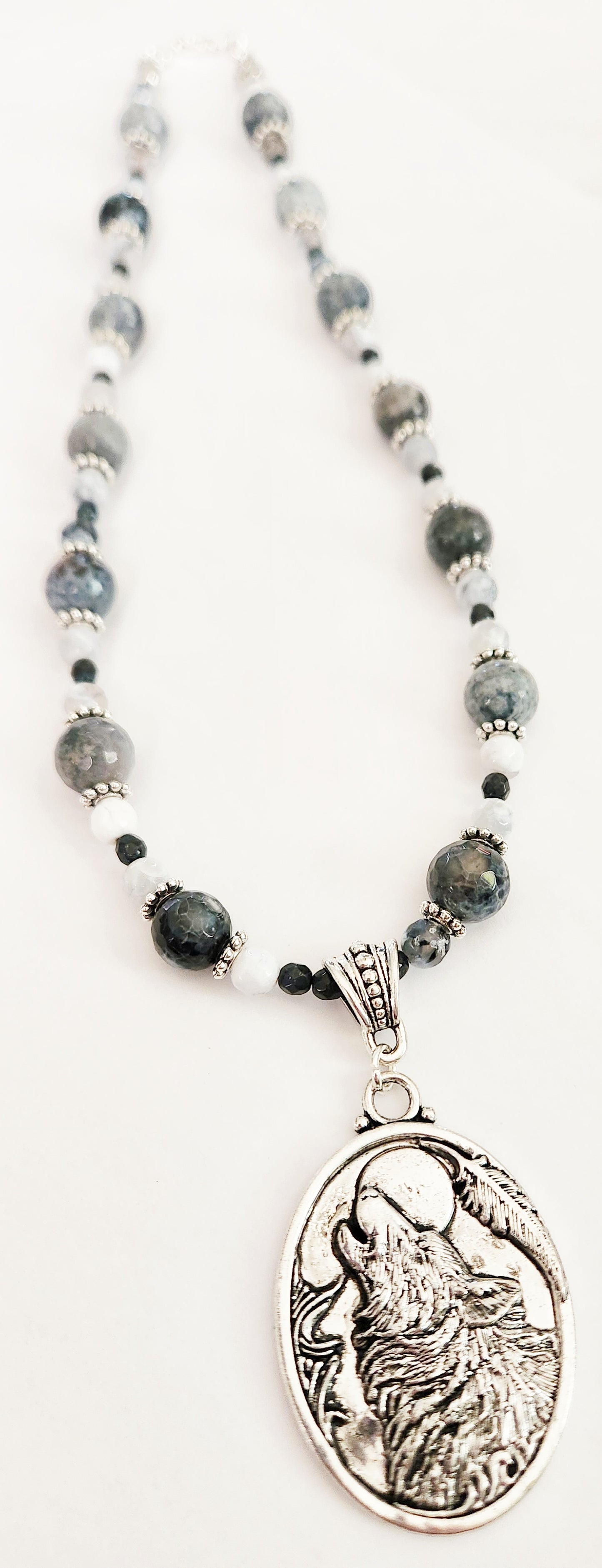 Silver howling wolf Fire Quartz gemstone necklace