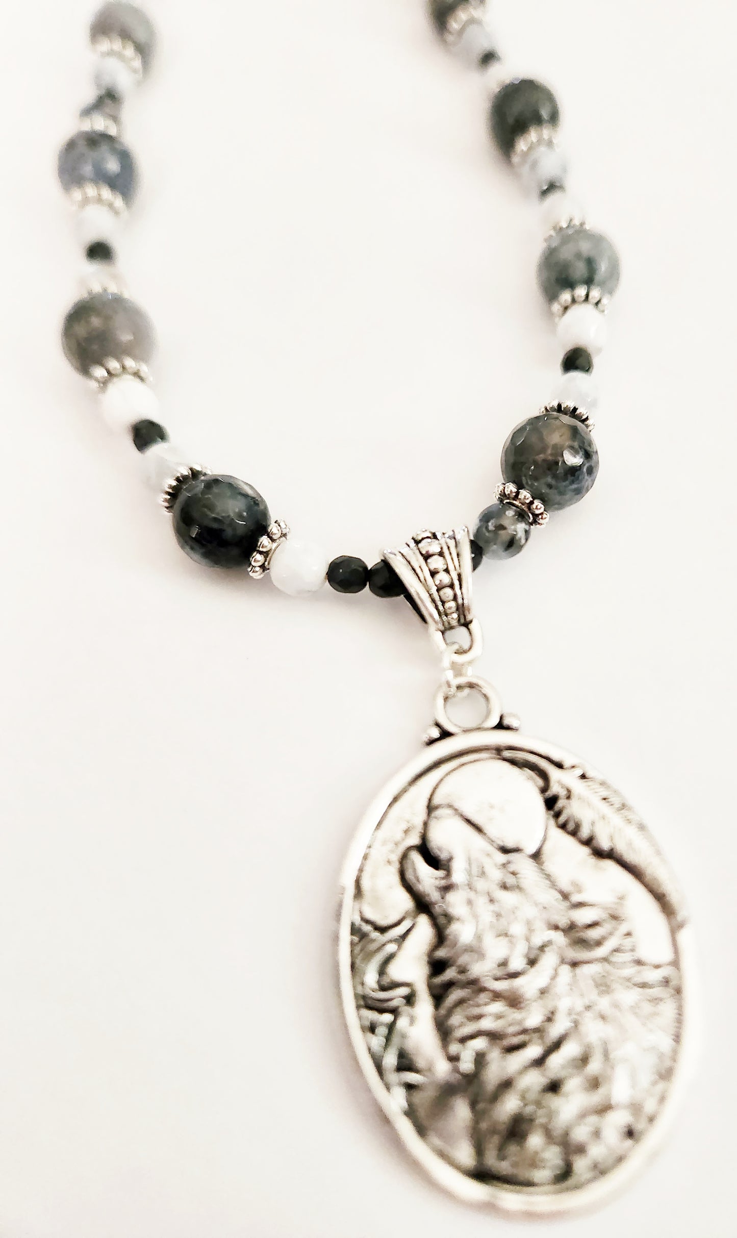 Silver howling wolf Fire Quartz gemstone necklace