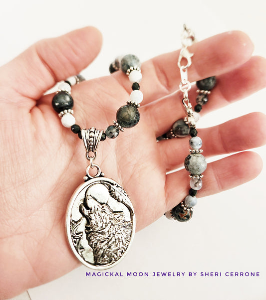 Silver howling wolf Fire Quartz gemstone necklace