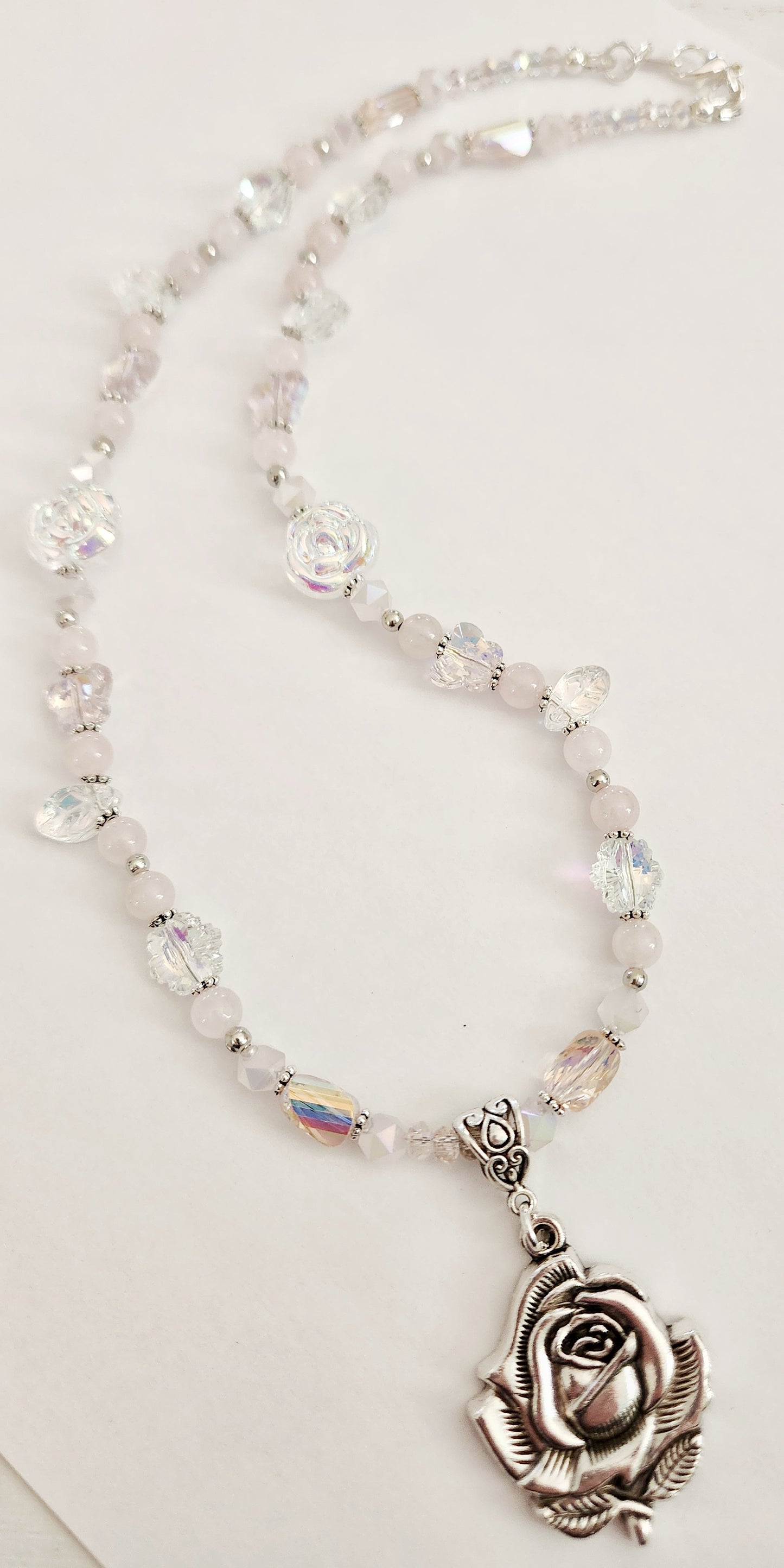 Silver rose and pink whimsical gemstone necklace