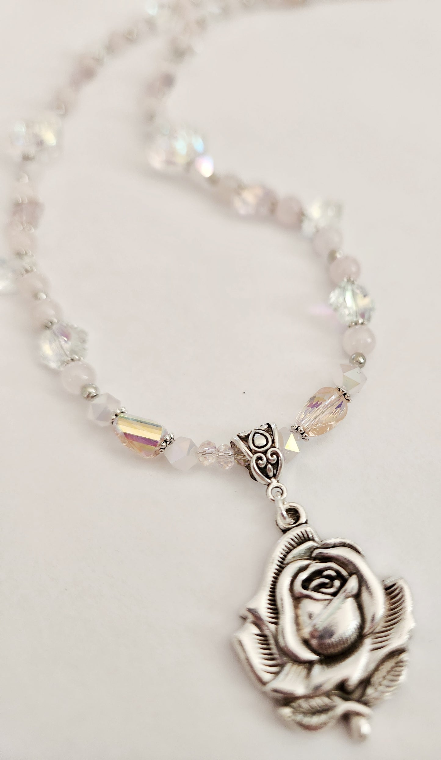 Silver rose and pink whimsical gemstone necklace