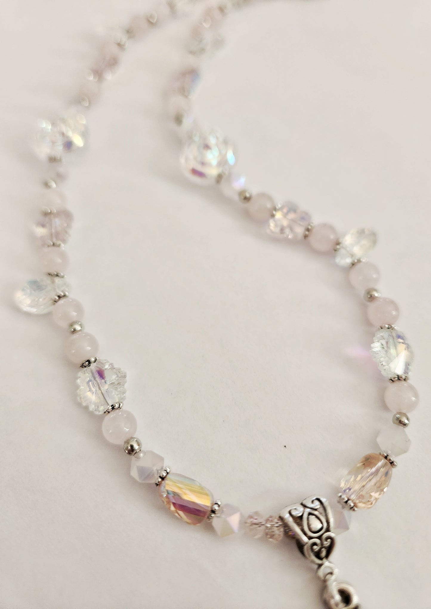 Silver rose and pink whimsical gemstone necklace