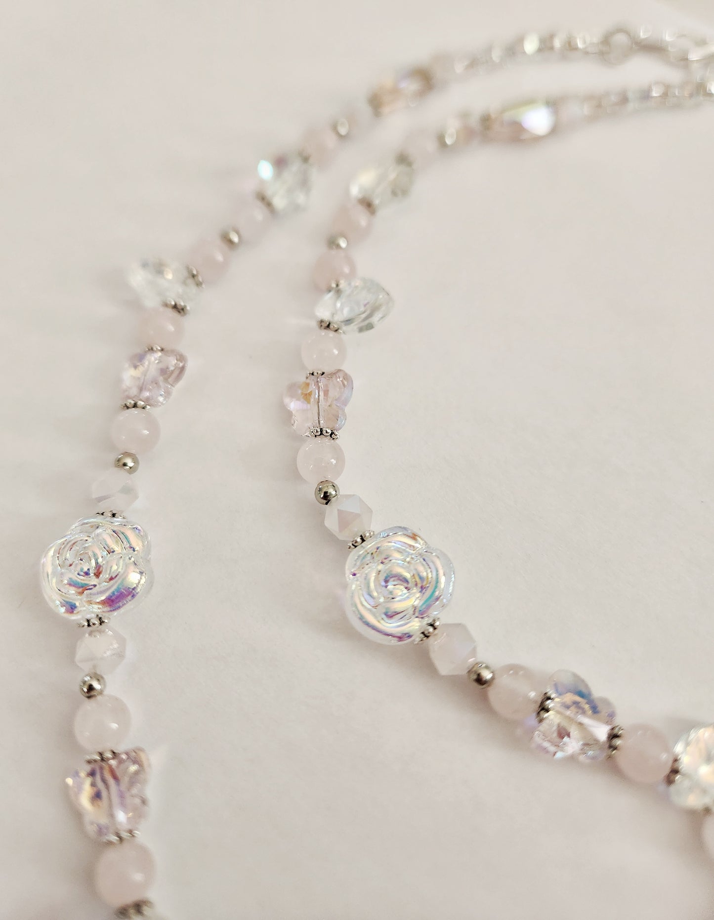 Silver rose and pink whimsical gemstone necklace