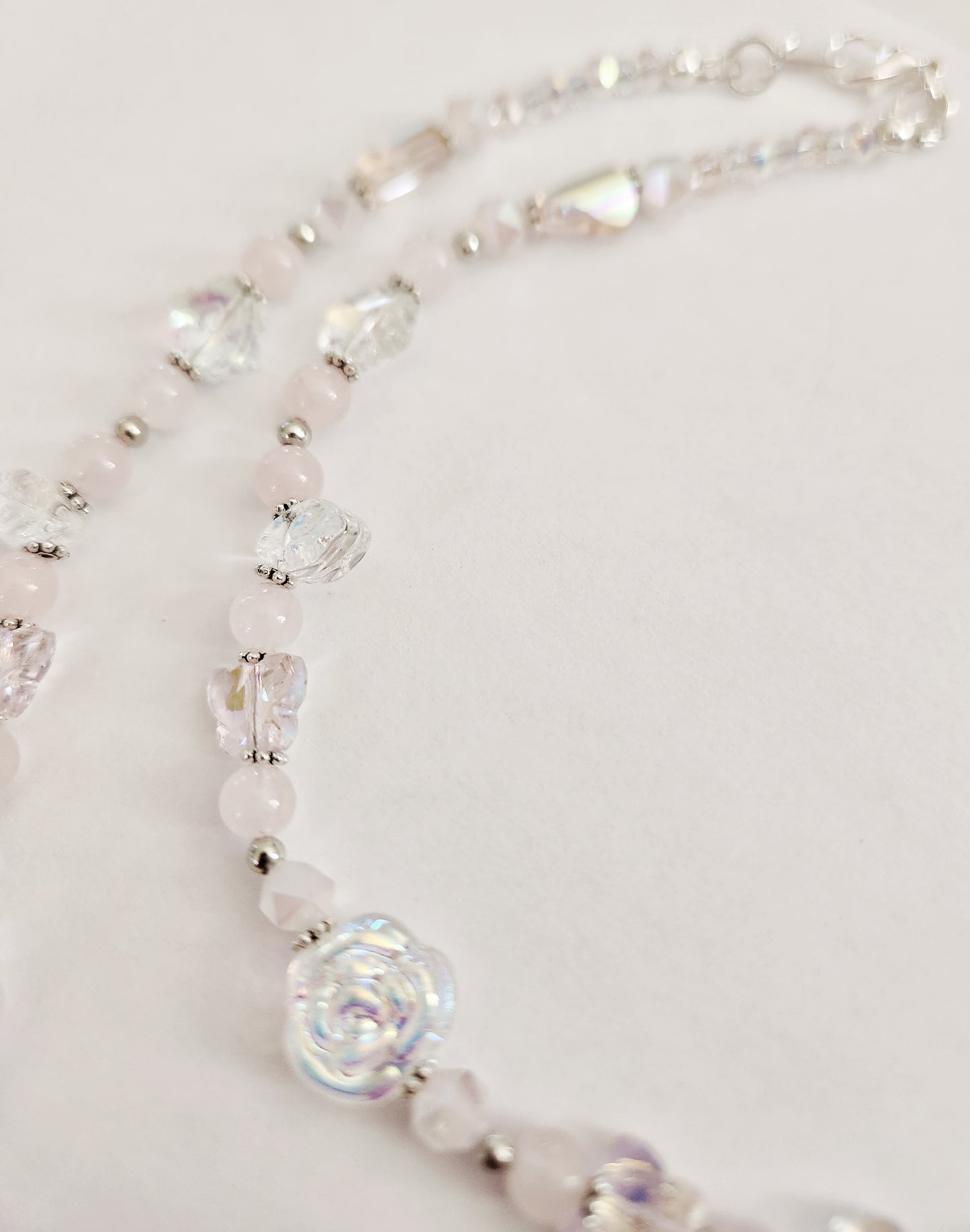 Silver rose and pink whimsical gemstone necklace