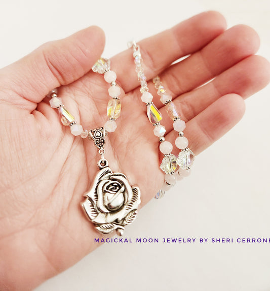 Silver rose and pink whimsical gemstone necklace