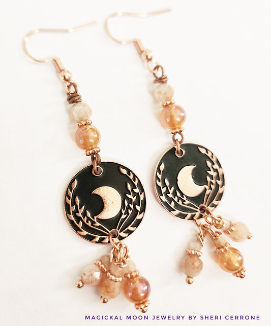 Copper moon beaded charm dangle statement earrings