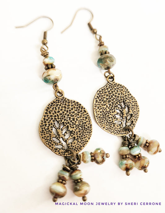 Brushed gold beaded charm dangle leaf earrings