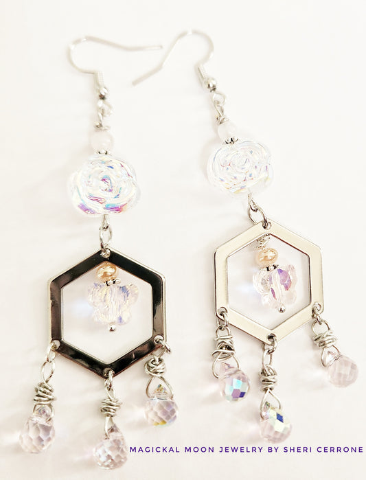 Iridescent rose and butterfly silver dangle earrings