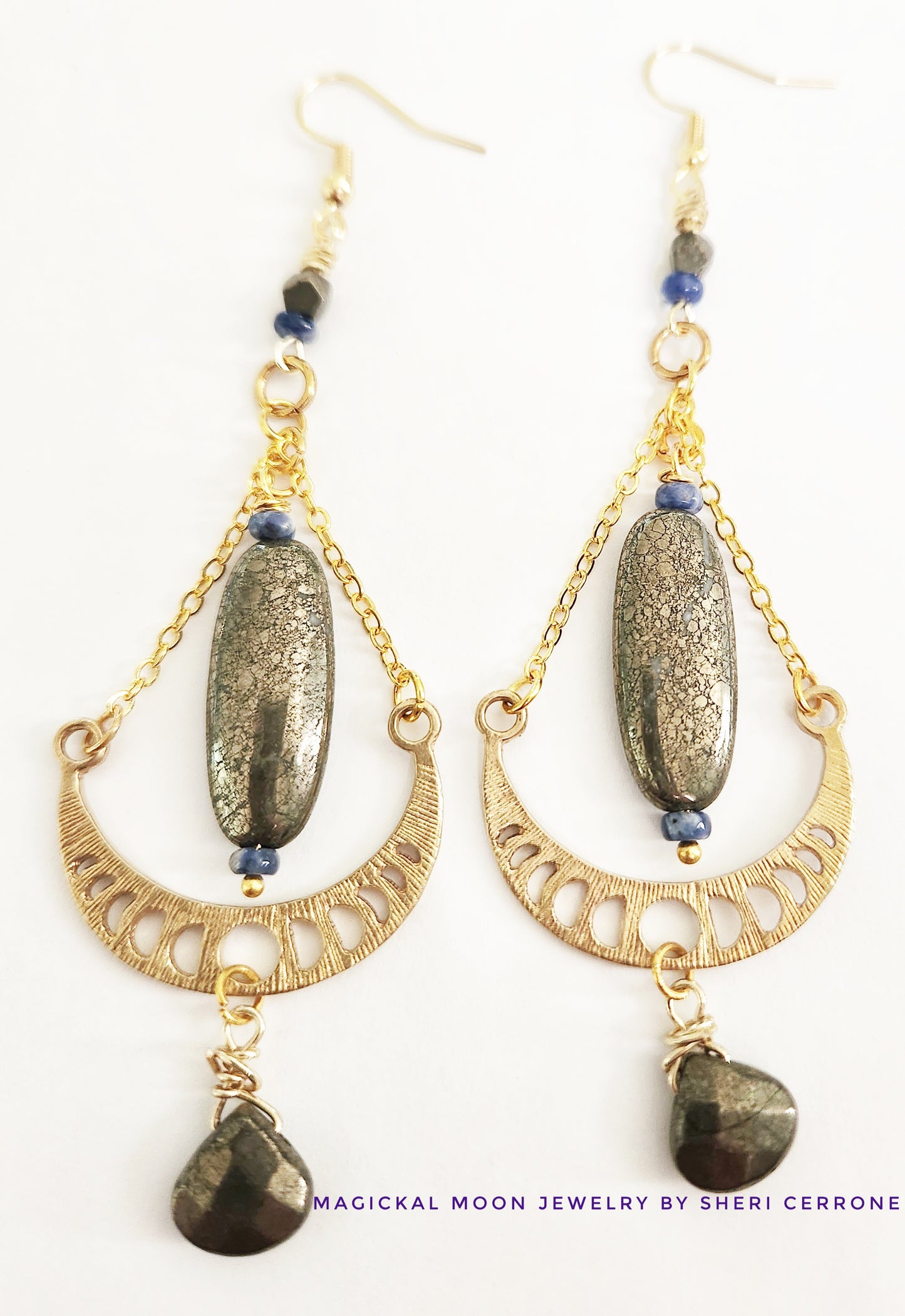 Raw brass moon phase dangle earrings with Pyrite gemstones