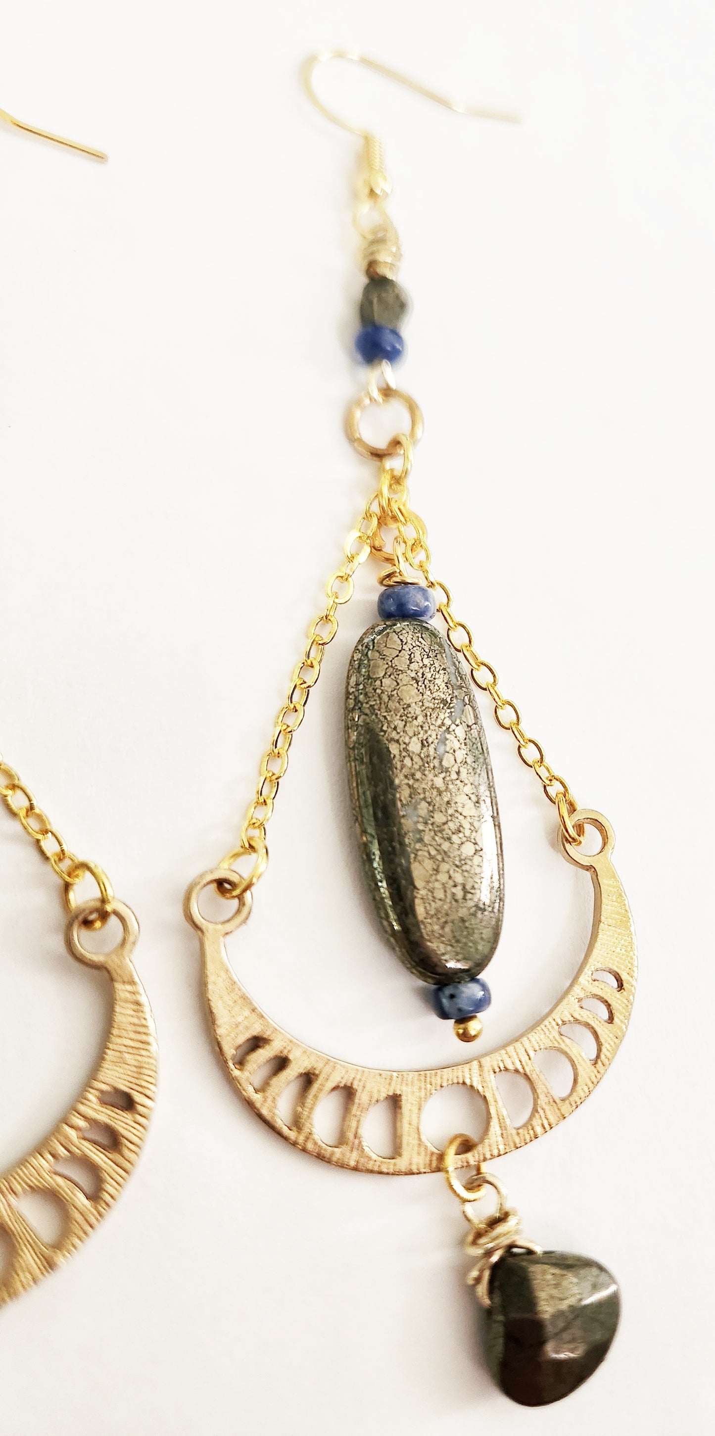 Raw brass moon phase dangle earrings with Pyrite gemstones