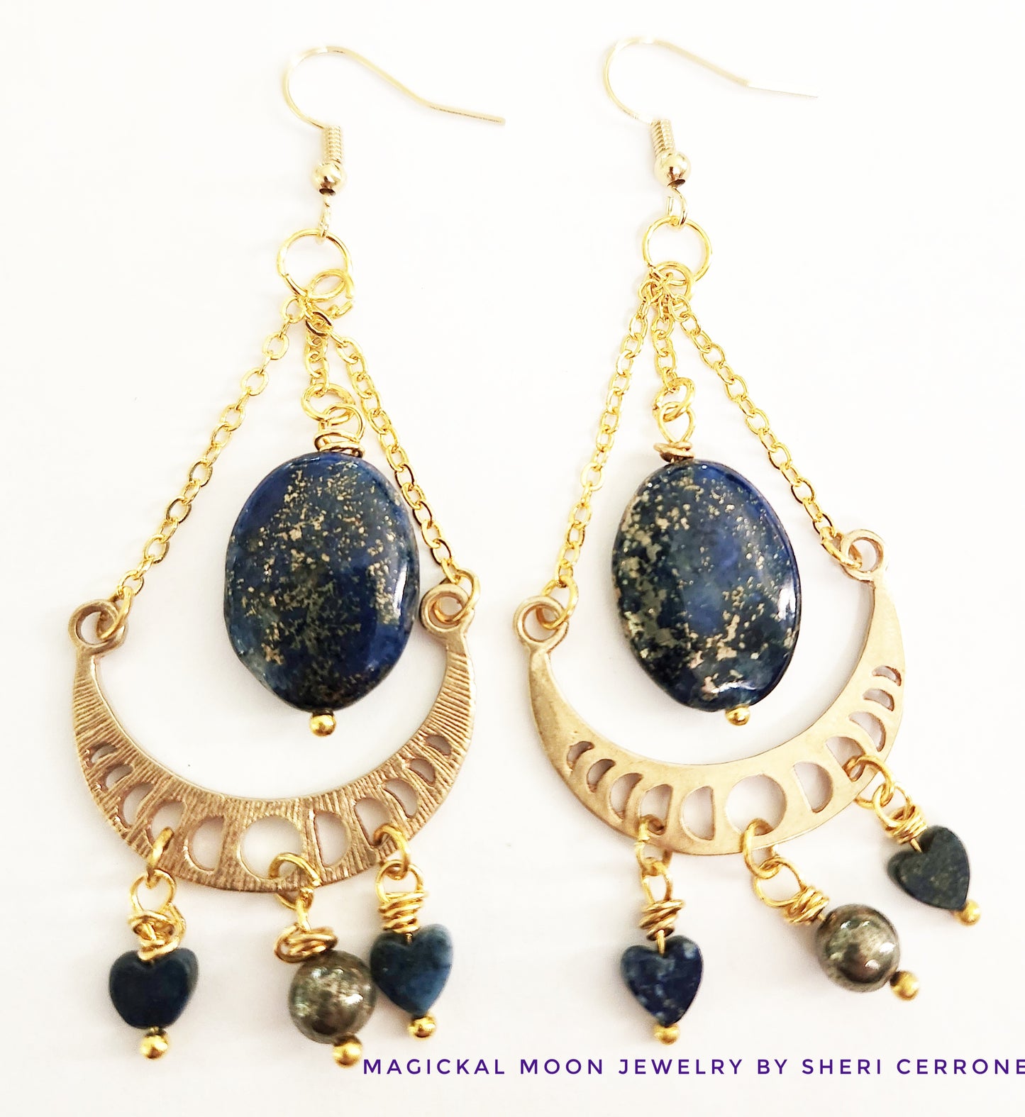 Raw brass moon phase dangle earrings with Lapis Lazuli and Pyrite gemstones