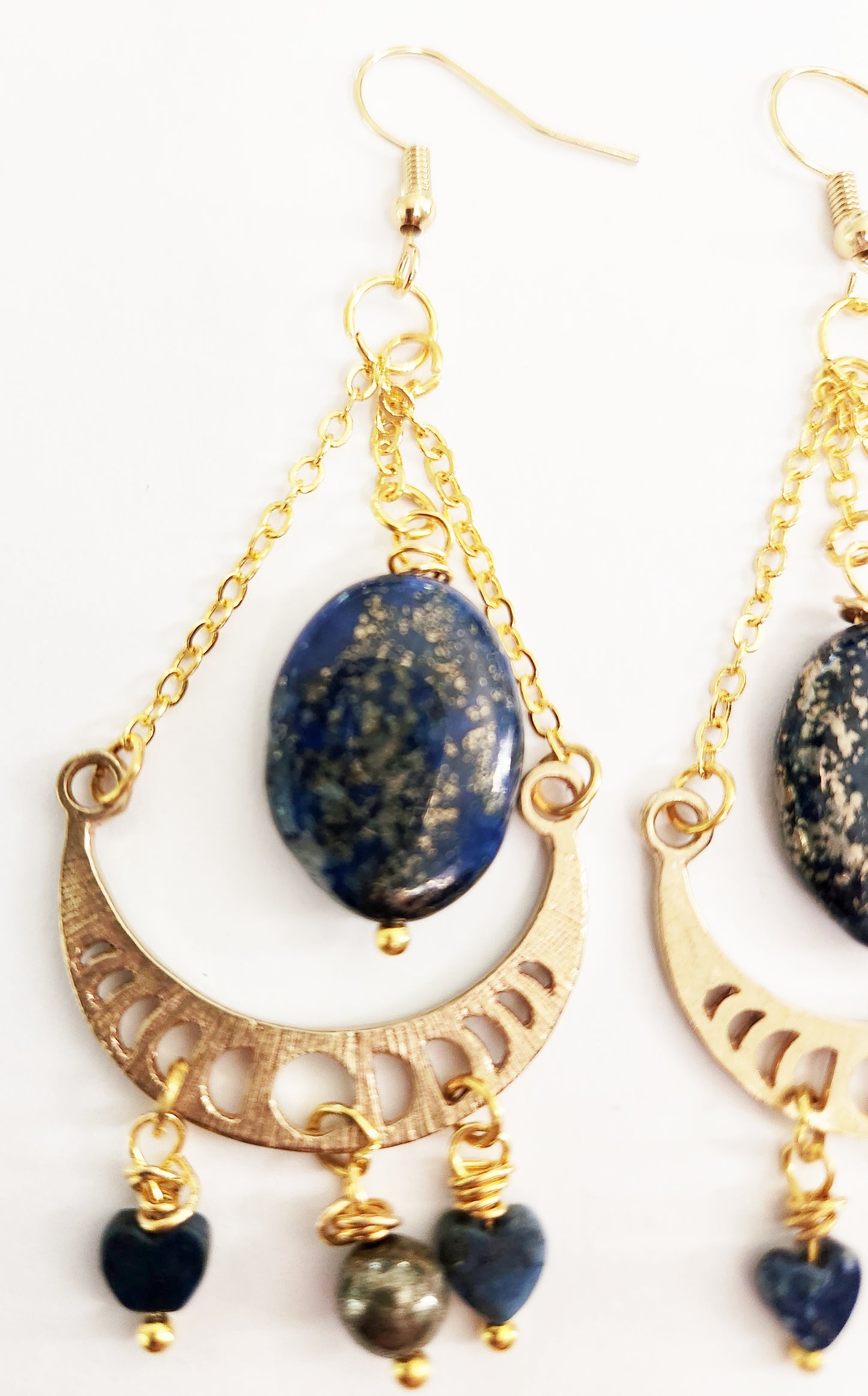 Raw brass moon phase dangle earrings with Lapis Lazuli and Pyrite gemstones