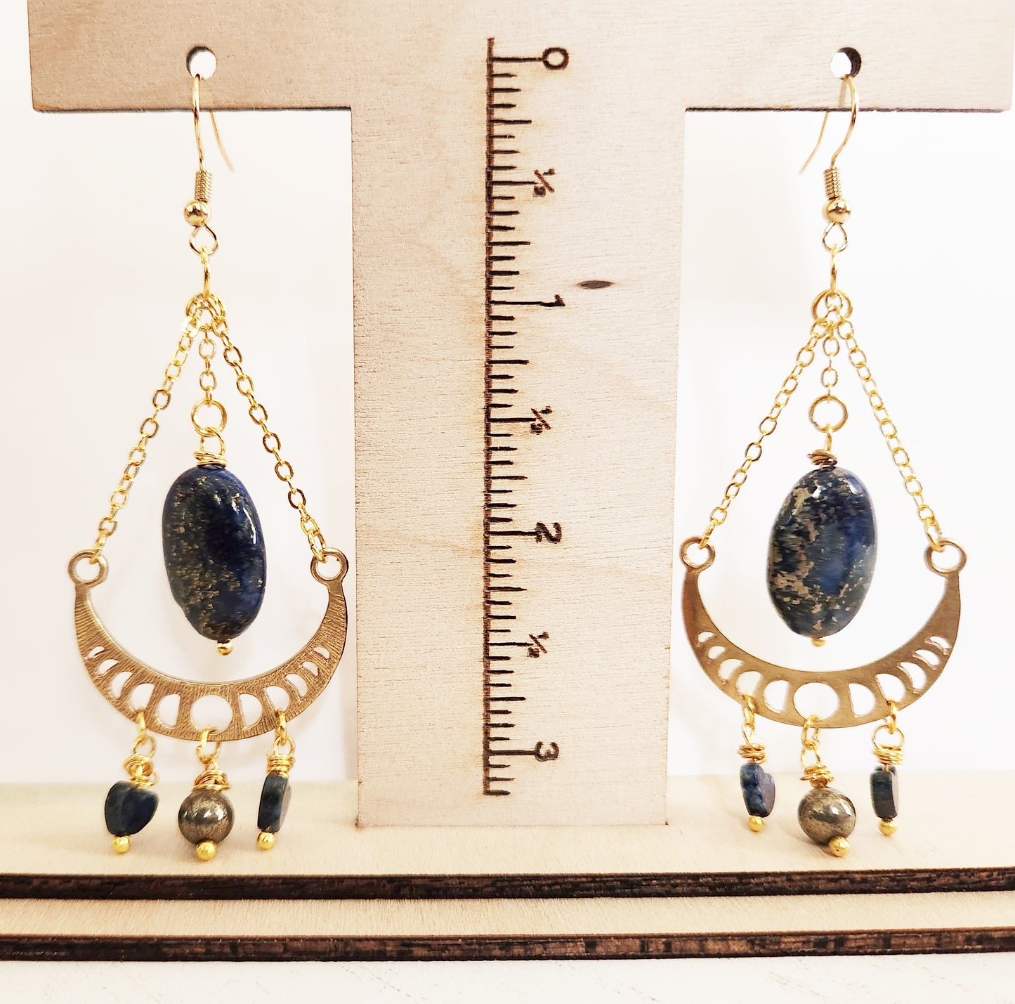 Raw brass moon phase dangle earrings with Lapis Lazuli and Pyrite gemstones