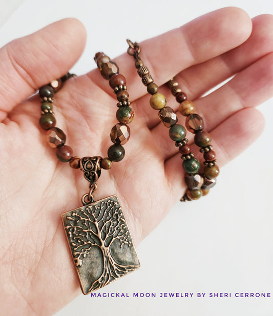 Copper Tree of Life gemstone necklace