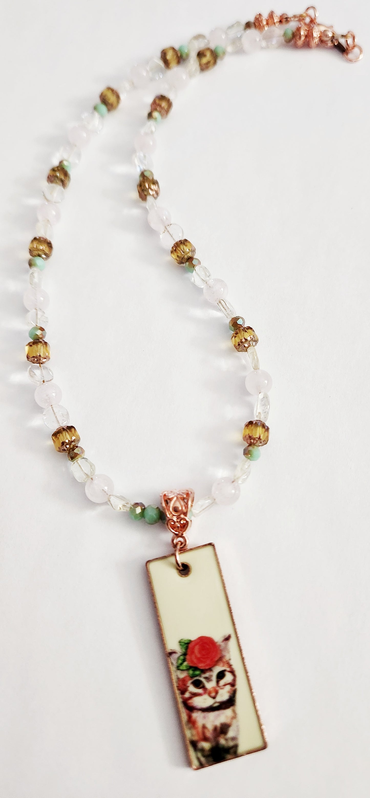 Enamel cat with Rose Quartz and Citrine, bright copper necklace
