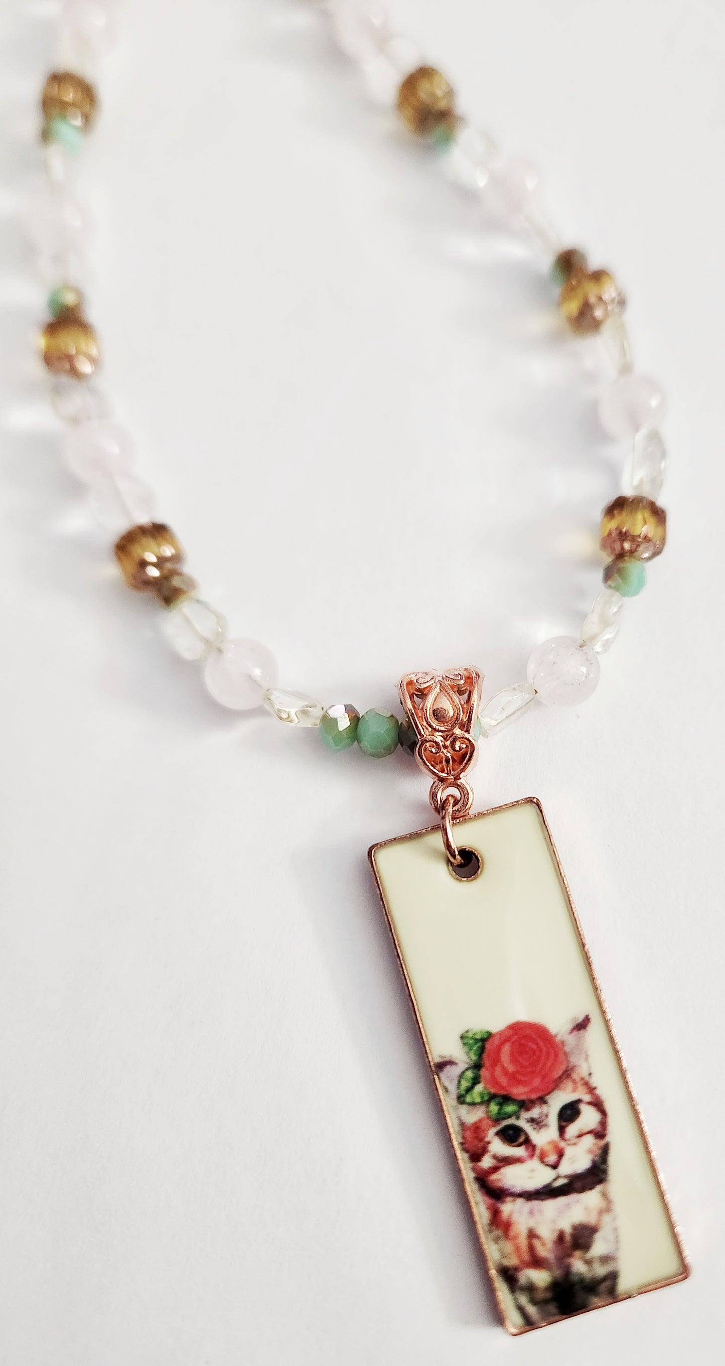 Enamel cat with Rose Quartz and Citrine, bright copper necklace