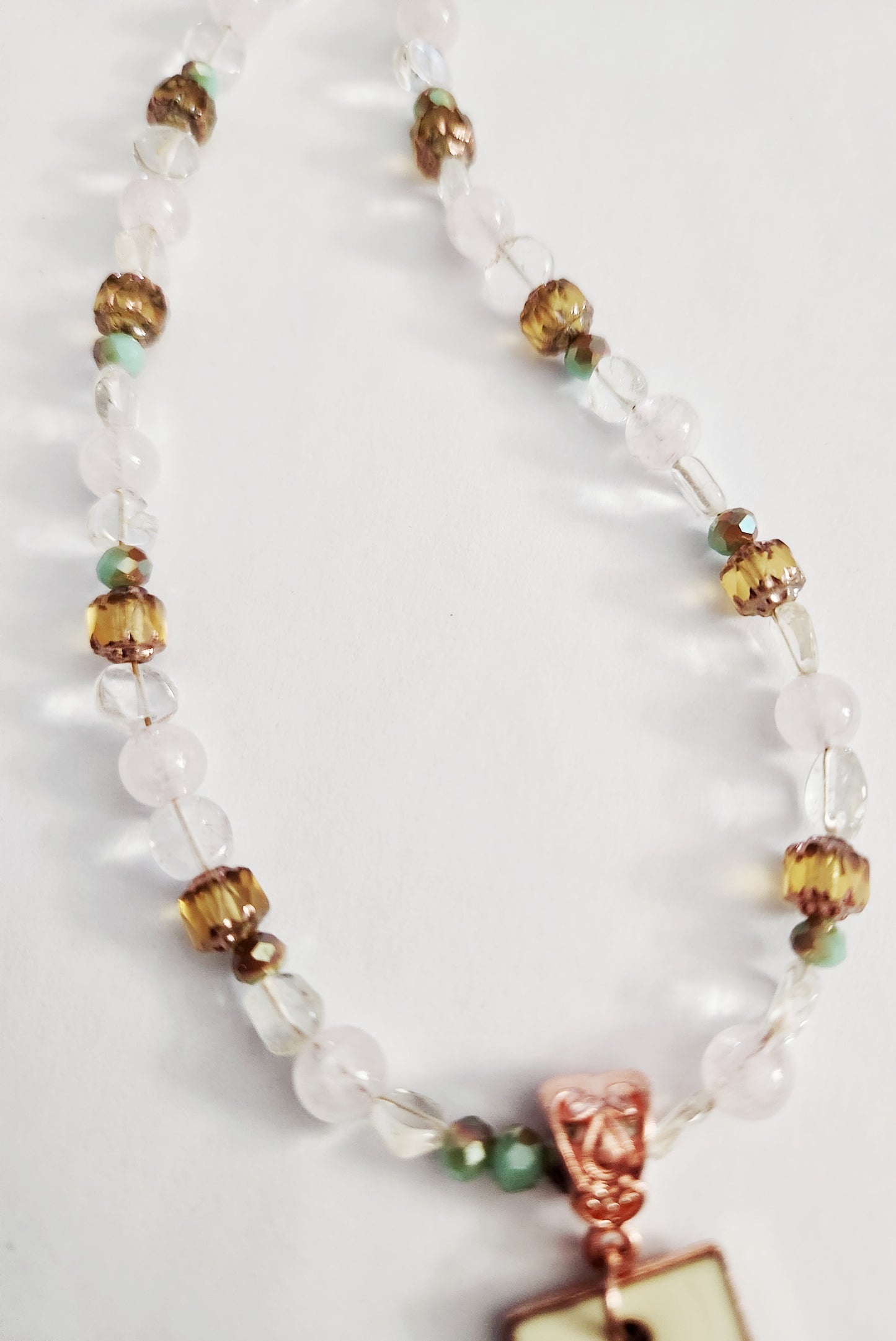 Enamel cat with Rose Quartz and Citrine, bright copper necklace