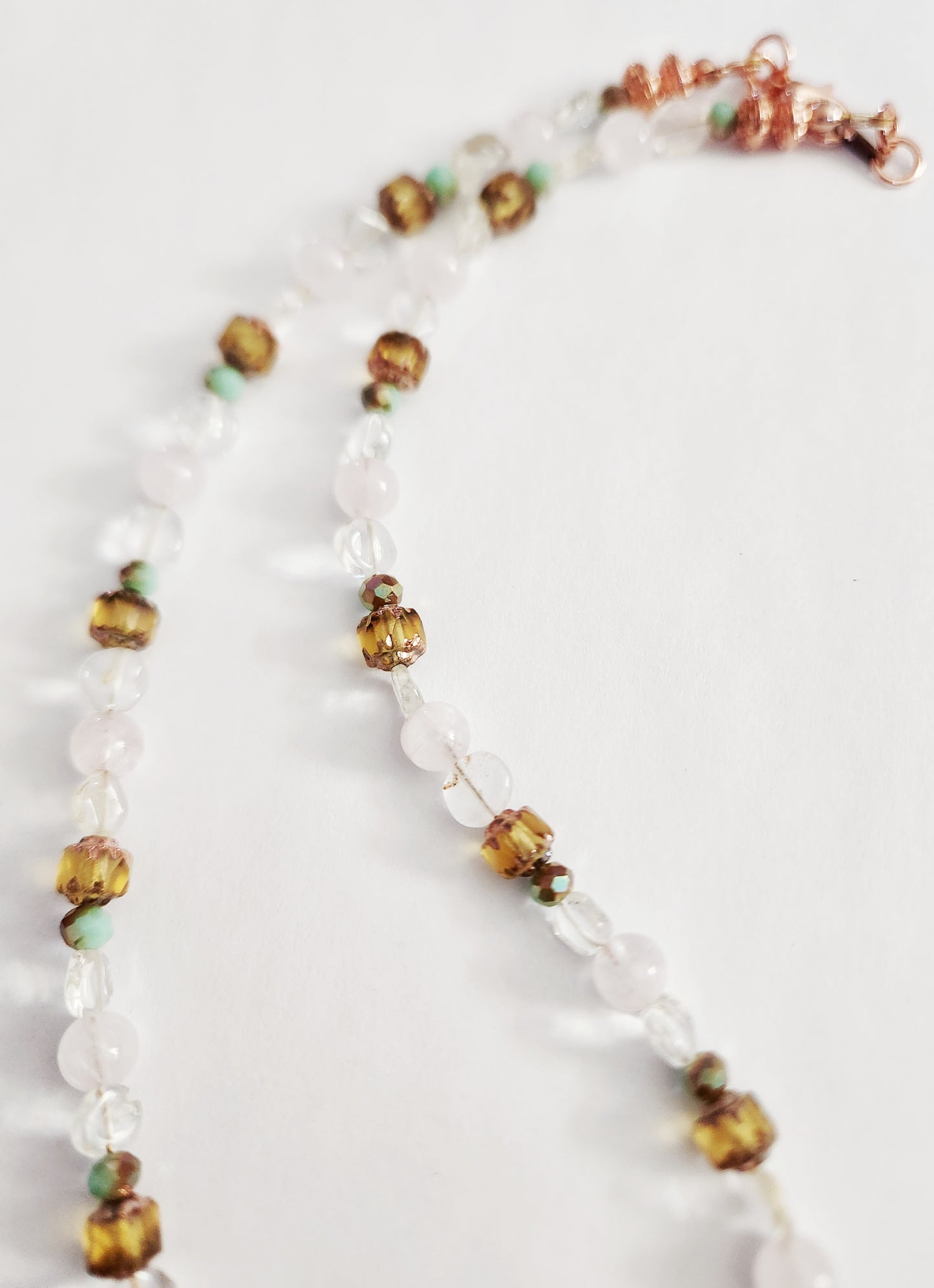 Enamel cat with Rose Quartz and Citrine, bright copper necklace