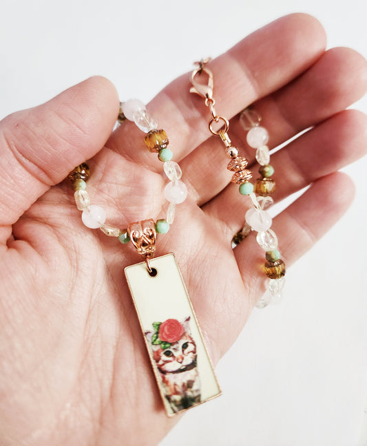 Enamel cat with Rose Quartz and Citrine, bright copper necklace