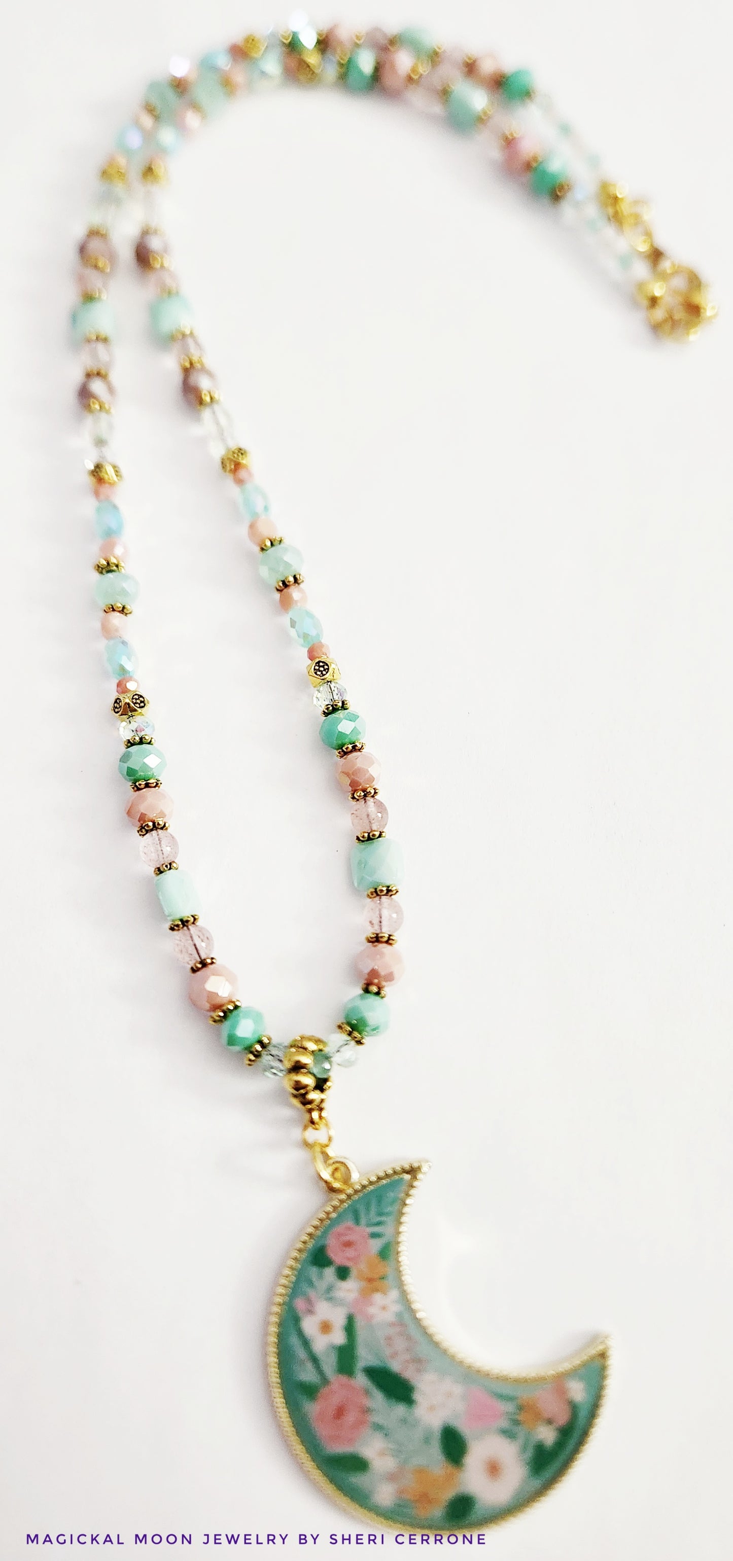 Enamel and gold crescent moon Strawberry Quartz gemstone necklace
