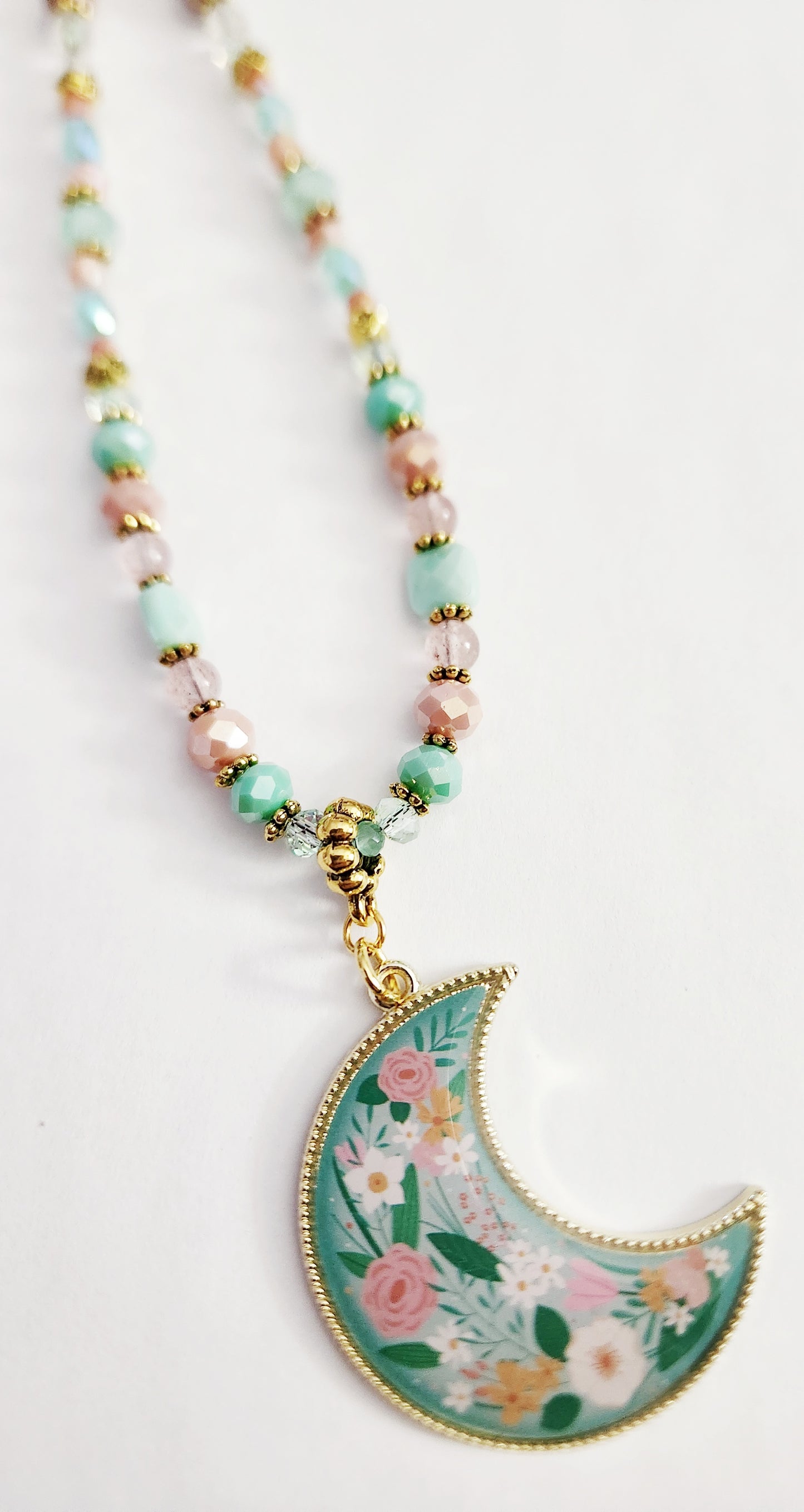Enamel and gold crescent moon Strawberry Quartz gemstone necklace