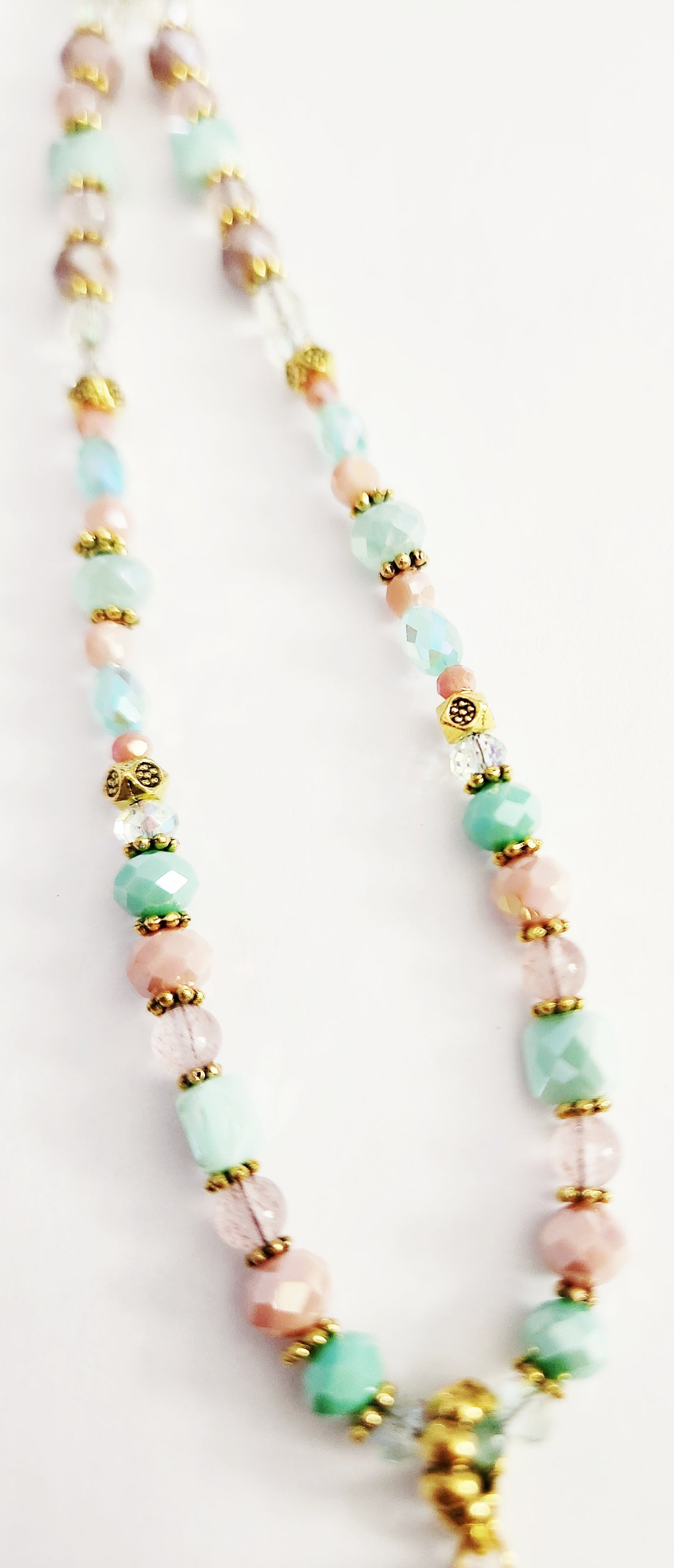 Enamel and gold crescent moon Strawberry Quartz gemstone necklace