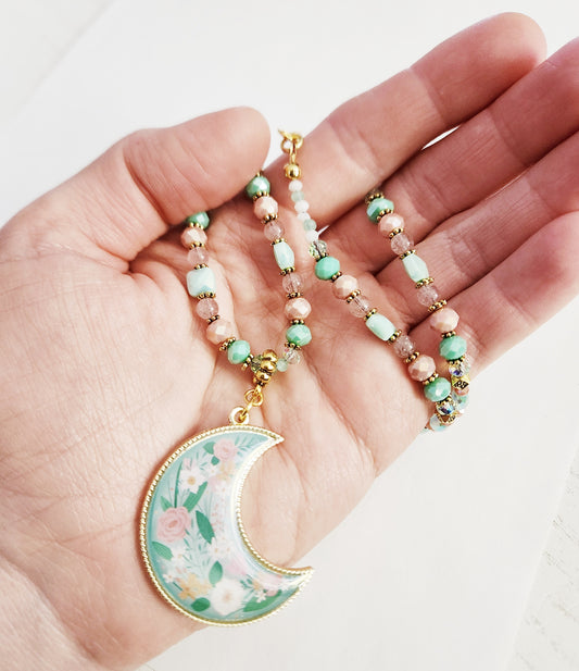 Enamel and gold crescent moon Strawberry Quartz gemstone necklace