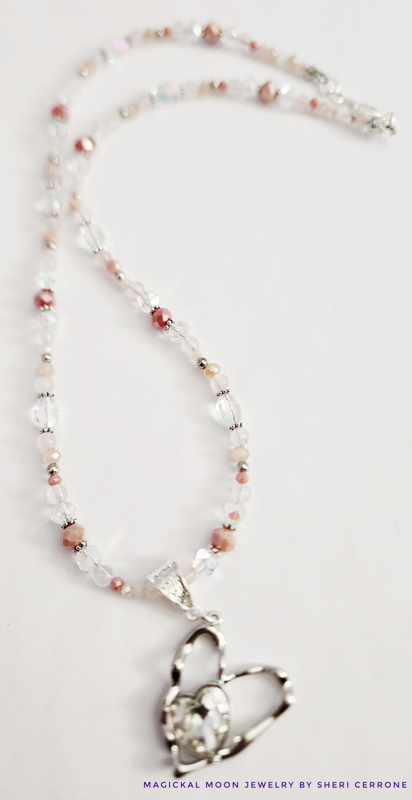 Silver and crystal heart Rose quartz necklace