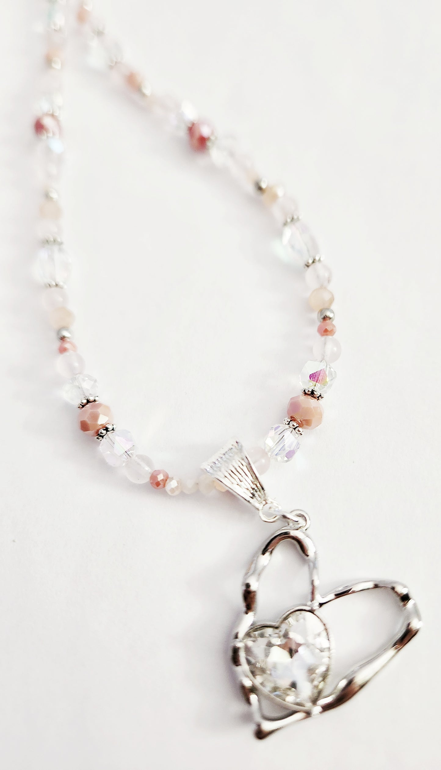 Silver and crystal heart Rose quartz necklace