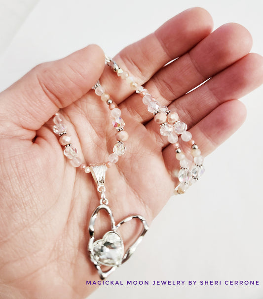 Silver and crystal heart Rose quartz necklace